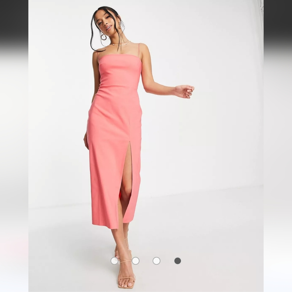 Vesper Petite cami strap midi dress with thigh split in bubblegum pink